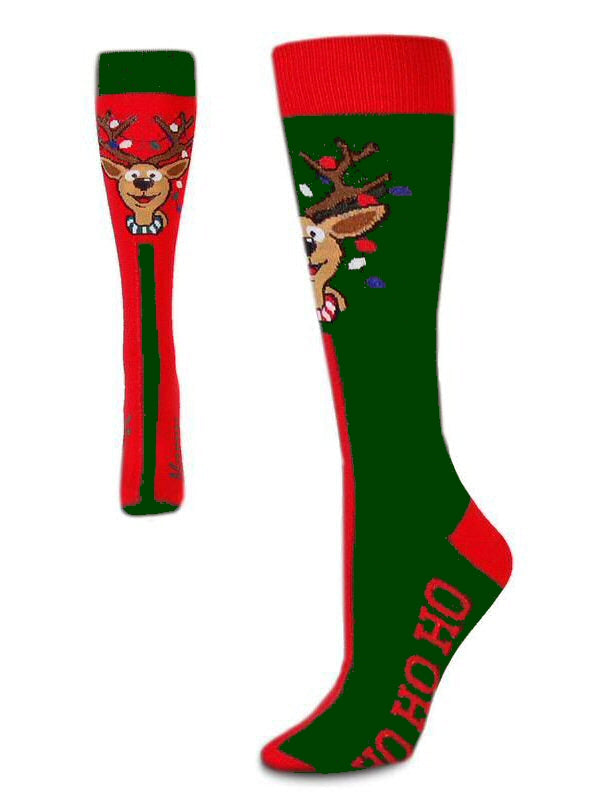 FBF Reindeer Lights Big Top Mismatch Novelty Socks showing how each side looks. One Red side says North  and Merry Christmas. The Green Side says Pole and HO HO HO. Each side has a Reindeer smiling with Christmas Lights wrapped around his Antlers.