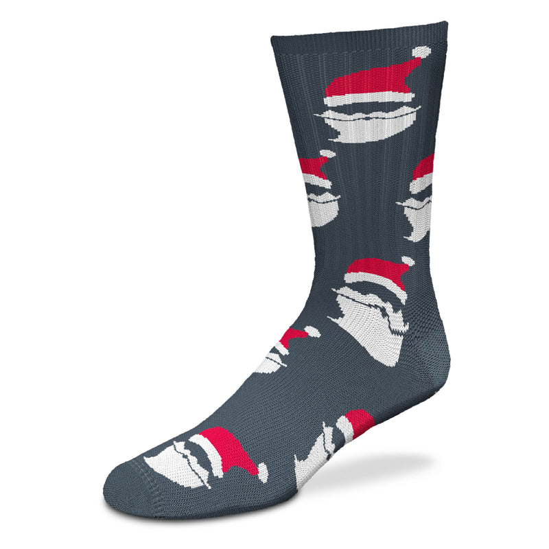 For Bare Feet Santa Beards Socks are on Charcoal Grey background with silhouettes of Santa Beards wearing his Hat. The Hat of course is Red and White and his Beard and Mustache are White. This is a Thick Style Sock comes in Medium and Large.