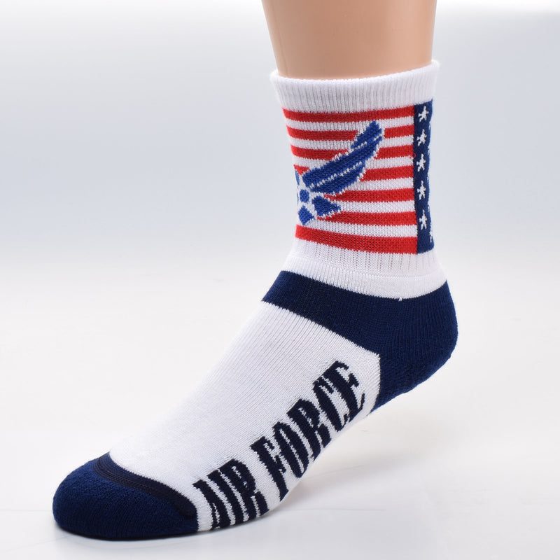 The Blue and White Winged Air Force Emblem is Superimposed over the USA Flag of Red and White Stripes, Navy Blue Canton and White 5 Pointed Stars. Heels and Toes are Navy Blue. The middle foot is White with Bold Navy Blue Print reading "Air Force".