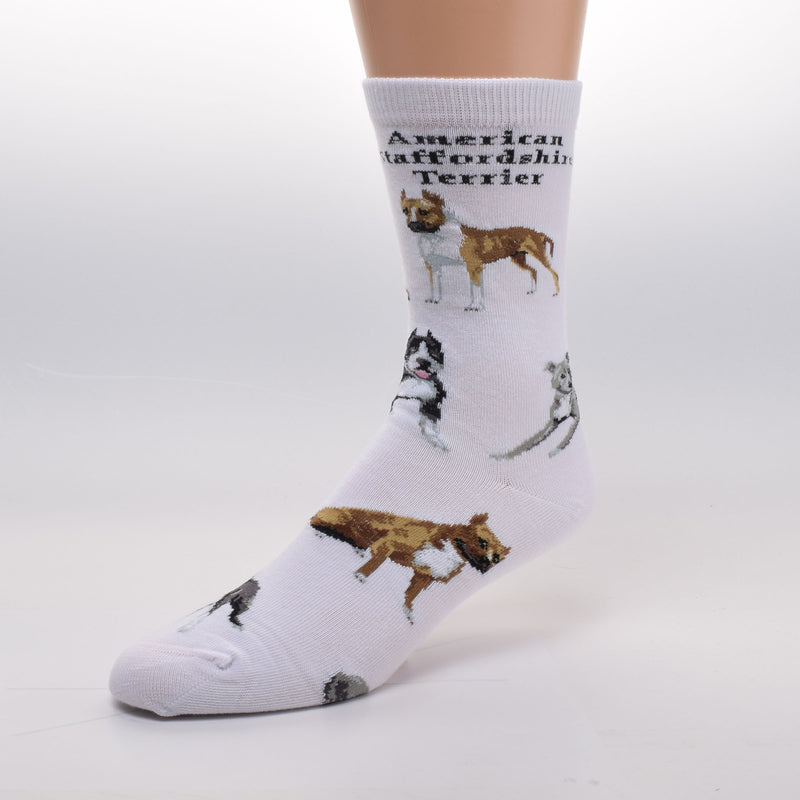 FBF American Staffordshire Terrier Poses Sock is a White Sock. The name of American Staffordshire Terrier is on top in Black. In Fawn, Brown, Black, Blue and White are Poses.