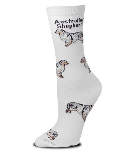 FBF designs Australian Shepherd Poses on White background words Australian Shepherd under the Cuff and Dogs all over In White, Blacks and Browns.