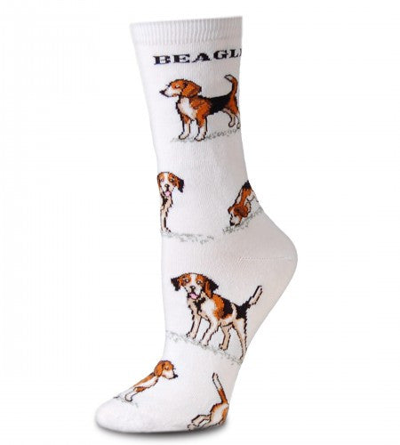 FBF Beagle Poses 2 Socks start on White. Beagle is written under the Cuff. Beagles in Dark Brown, Black and White are in Poses all over the Sock.