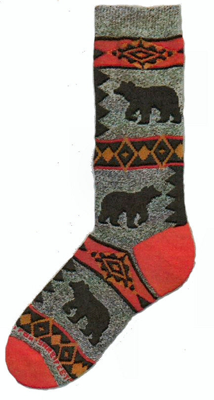 FBF Bear Blanket Motif Sock is on a Marble Grey background. The Heels and Toes are Bright Red. Rows of Diamonds in Reds Blacks and Browns, Bears are in the Middle.