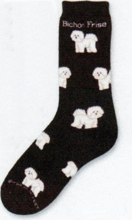 FBF Bichon Frise Poses Sock starts on a Black background with White Bichon Frise Dogs from the Cuff to the Toes.
