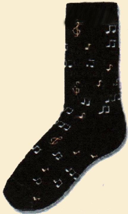 FBF Black Notes Sock starts with a Black background with Gold and Grey Notes and other musical symbols.