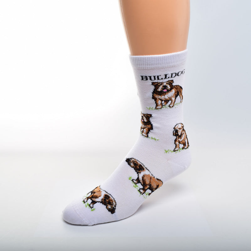 The Bulldog Poses Sock from For Bare Feet starts on Bright White with Green Grass under the Bulldogs. The bold Black print at the top says Bulldog and below starts the poses. They are in Stances for show and looking at you and Sitting.