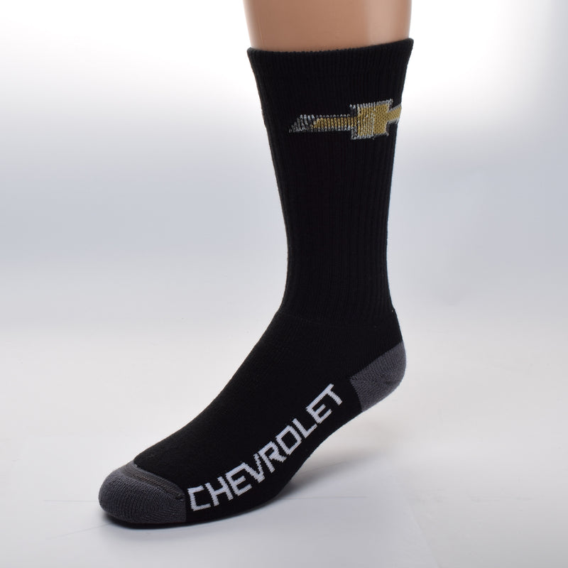 FBF Chevy Bow Tie Sock shows the Gold and Silver Bow Tie Logo on a Black background sock with Bold White letters on the Foot reading Chevrolet. 