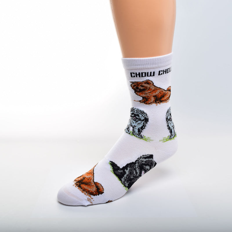 Chow Chows on this Sock are Brown, Grey and Black. They are on a White background with Chow Chow written below the Cuff.