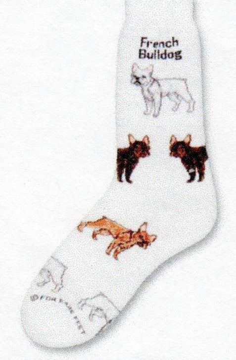 FBF French Bulldog Poses Sock starts on a Bright White background with the Words French Bulldog under the Cuff. Then there are Poses with three colors, White, Black and Fawn, all have Pink Ears.