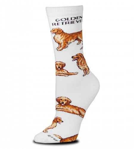 For Bare Feet Golden Retriever Poses 2 Socks are on a Bright White background with Golden Retriever in Black Bold Print below the Cuff. The Poses are a Show Stance, Sitting and Laying Down trading off to the Toes of the Sock.