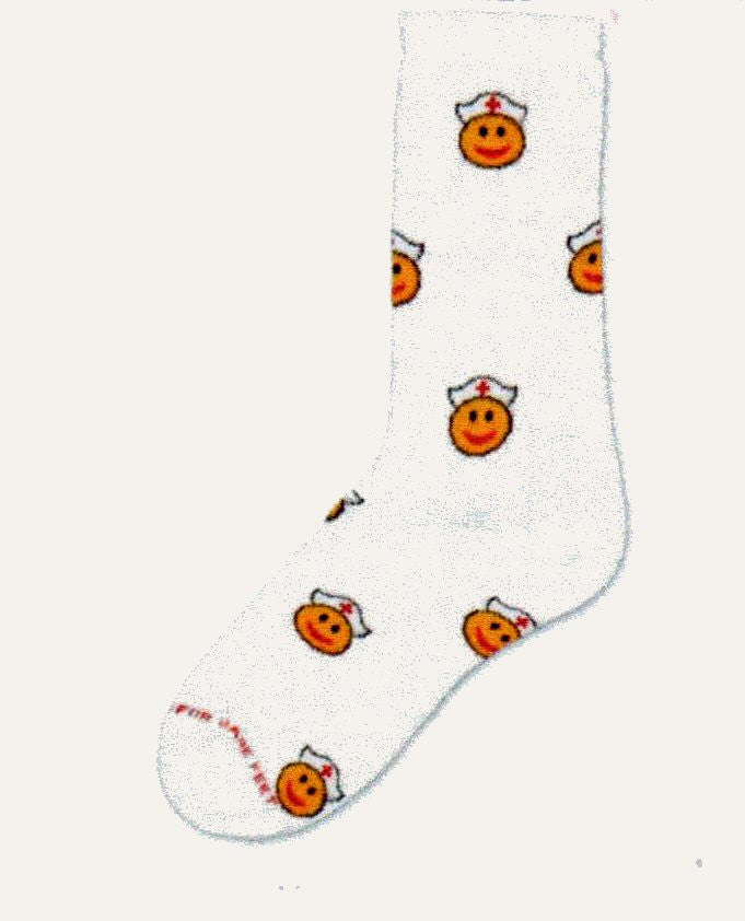 Happy Nurse Sock from For Bare Feet is all about Smiley Faces or Emoticons with Nurses' Caps with Red Crosses on a White background.