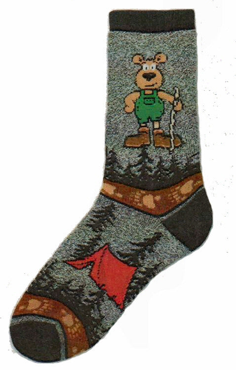 FBF hiking Bear Sock is a Thick Style Sock on a Marble Grey background. The Hiking Bear carries a Hiking Stick in the woods and Sleeps in a Red Tent too.