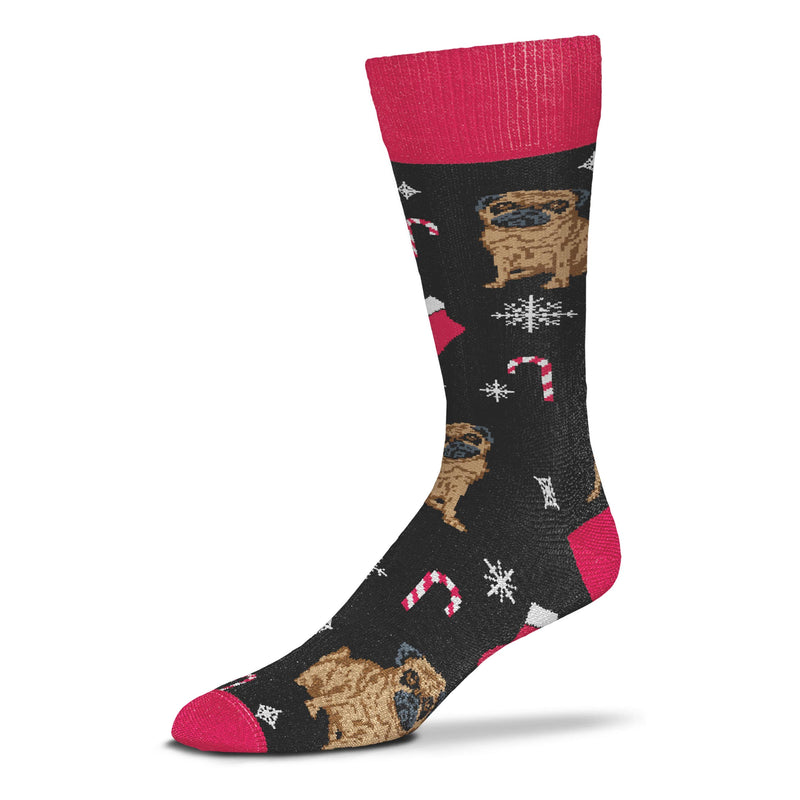 For Bare Feet Holly Dogs Pug Sock starts with Red Cuffs, Heels and Toes and a Black background. The Brown and Black Pug is Posed with Candy Canes, Snowflakes and Surprises.