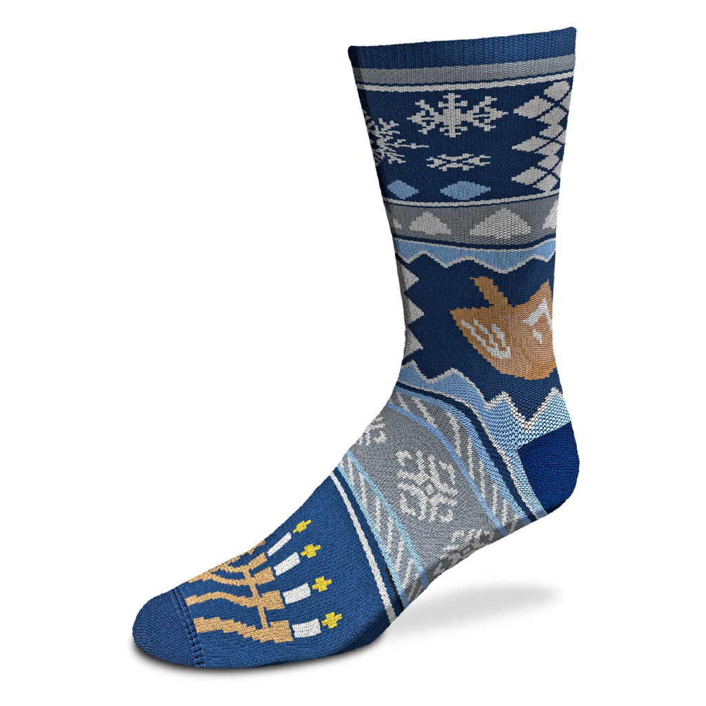 The For Bare Feet Sock is on a Navy Blue background with White and Uranian Blue Cadet Grey and Brown and Gold make up the Patterns, Snowflakes, The Menorah and the Toy Dreidel.
