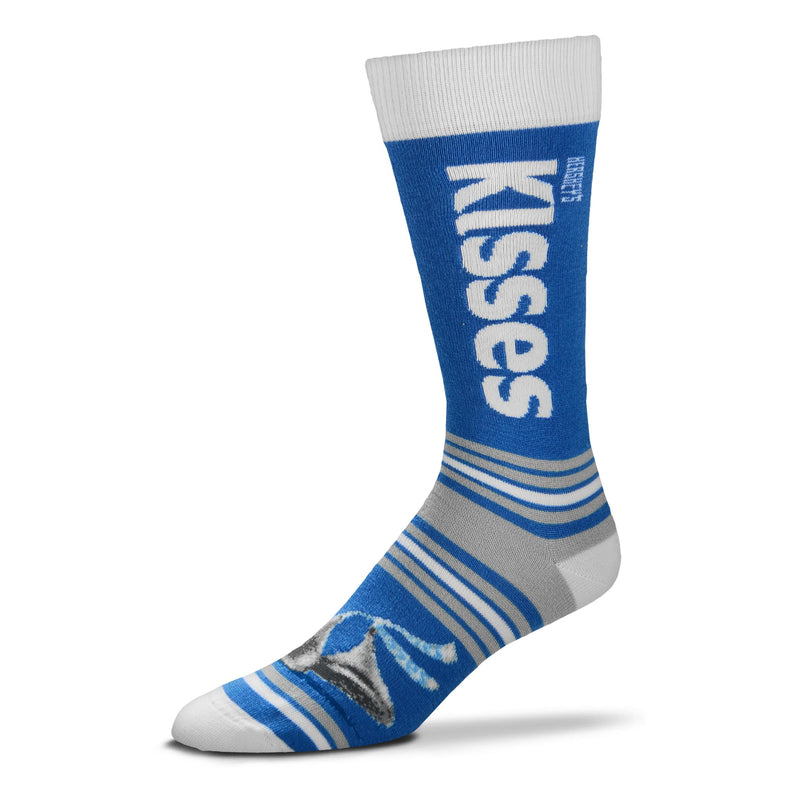 For Bare Feet makes Hershey's Kisses Socks in Medium Blue with Kisses in Bold White Letters. The Cuffs, Heels and Toes are all White along with a few Stripes. There are Medium Blue and Light Grey Stripes too. Down on Top of the Foot rests Two Kisses in Silver Foil with their Paper Pulls on Top in White and Blue that reads, "Kisses".