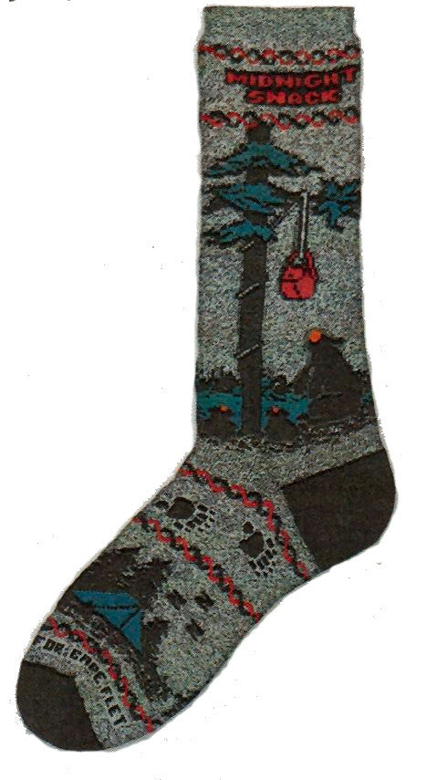 FBF Midnight Snack Sock is all about Bears trying to get food down out of a tree that has been hung on a rope by nearby campers. 