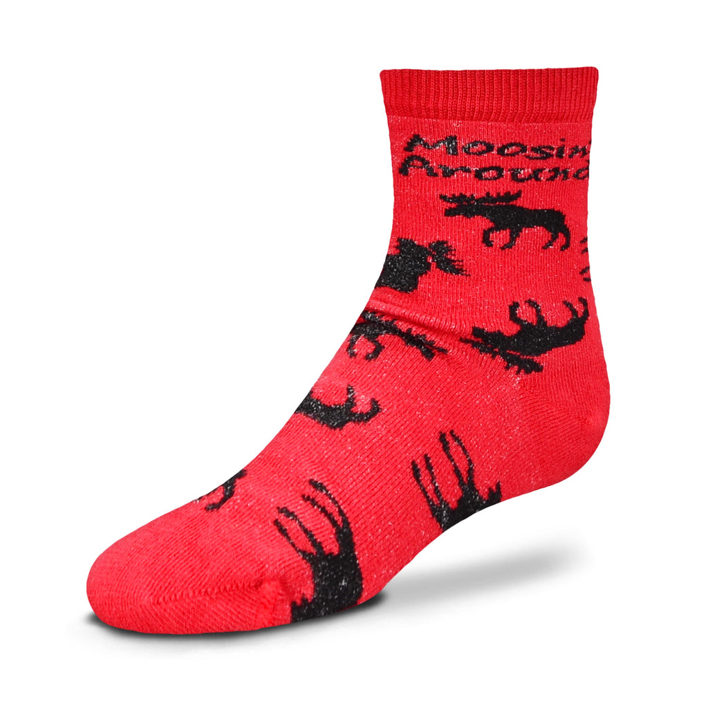 For Bare Feet Moosin' Around Childrens Socks come in Child and Youth Sizes. They are Red background with Black Silhouettes of Moose all over in every direction, even upside down! With Moosin' Around in Bold Black Print just like the Medium Size. 