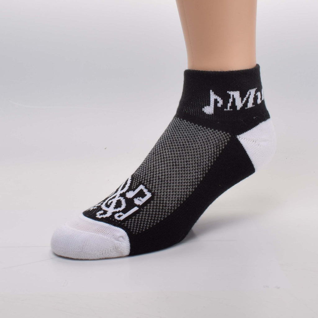 For Bare Feet Music the Cuff Sock has a 2 inch Cuff with Music on it. White Heels and Toes with Black Sole. Musical notes, Clefs are on the top of the foot.
