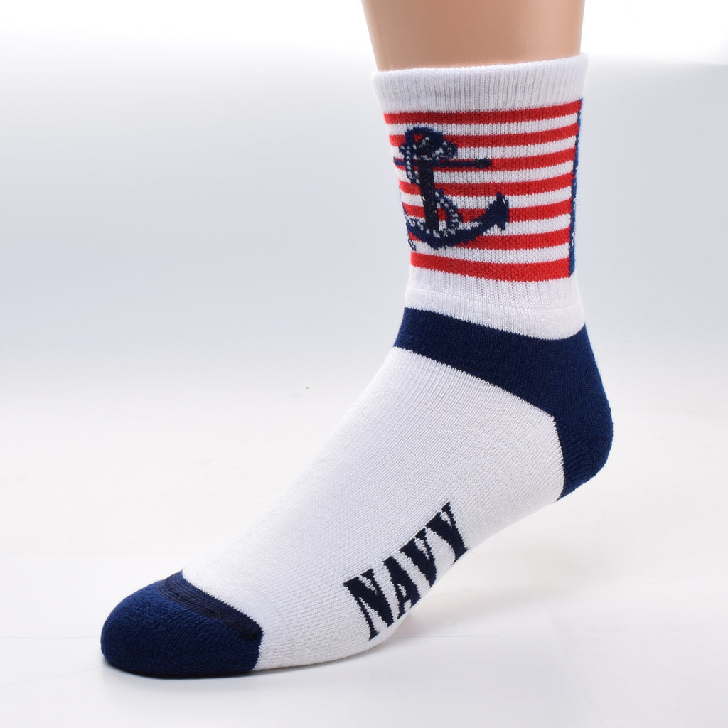 For Bare Feet US Navy Cuff Sock has the American Flag on the Cuff. On top is the Fouled Anchor in Navy Blue with Rope tied incorrectly around it. The Heels and Toes are Navy Blue. The word Navy is on both sides of the foot in bold letters.