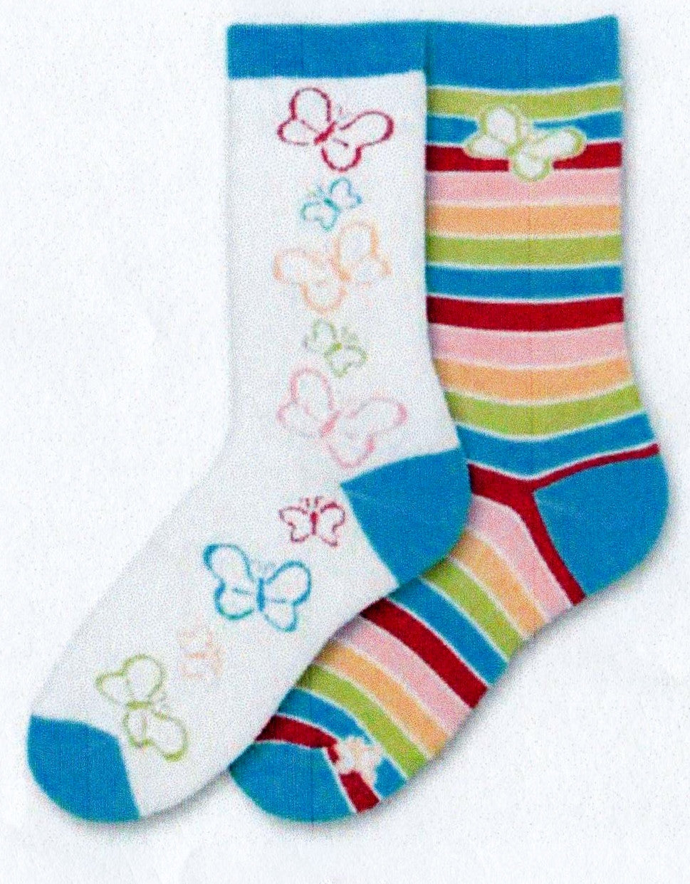 FBF Butterfly Mismatch Socks are paired together perfectly. One is a White Background with many different Colored Butterflies with Reds, Blues and Greens. Both Socks the Cuff, Heels and Toes are Blue. The other sock has rows of stripes with only a Big Butterfly at the Cuff and a Small Butterfly at the Toe.