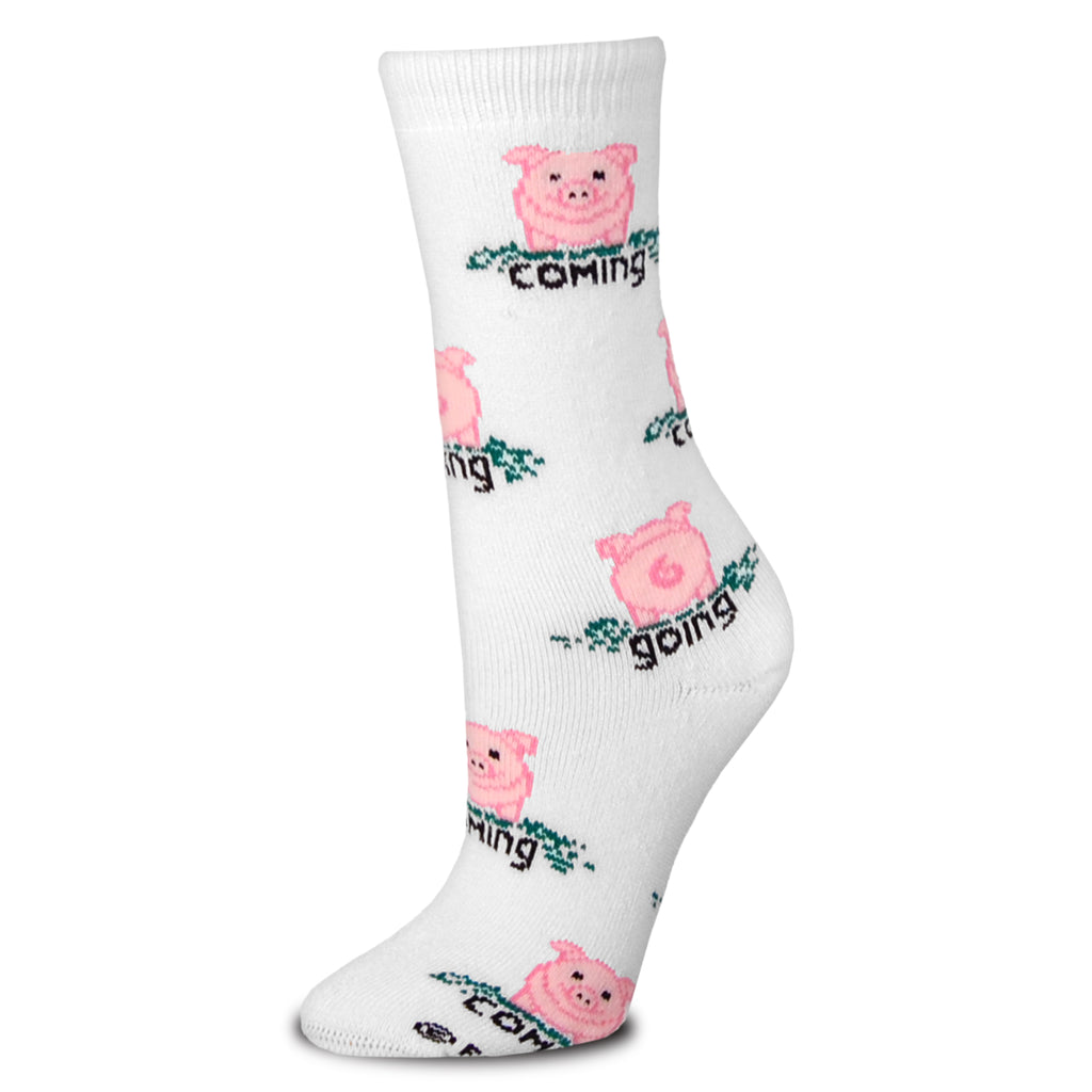 FBF Pig Coming and Going Socks show a Cute Little Pink Pig on a Bright White background. The Pig is Coming, facing you and Going backside facing you.