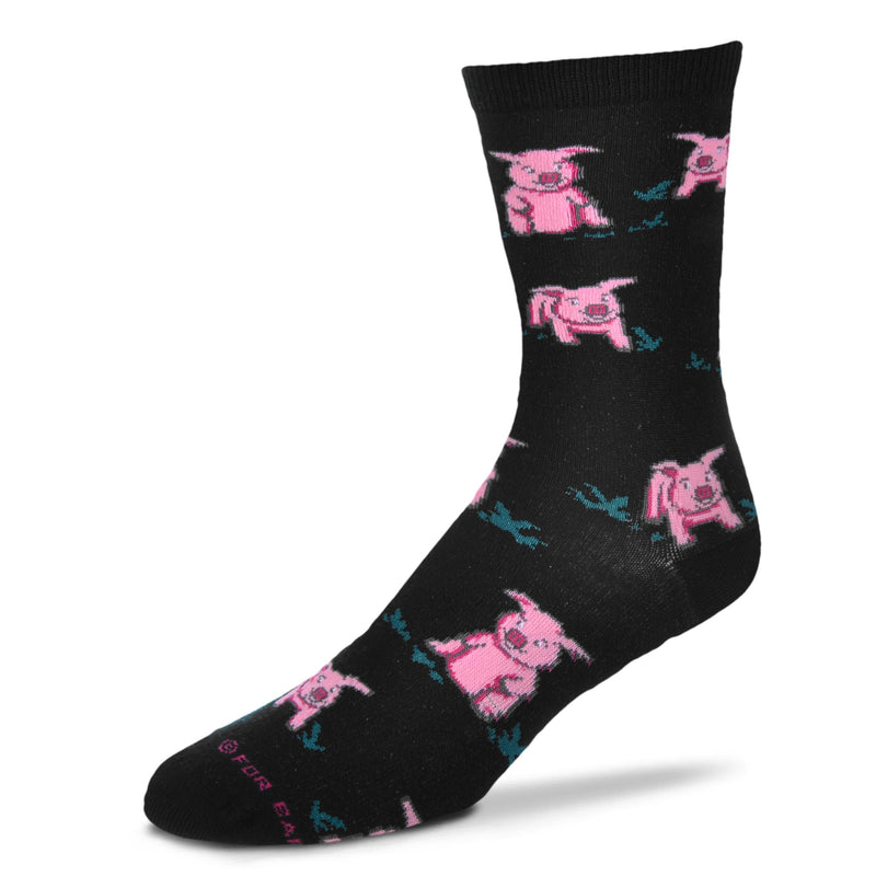 FBF Pigs At Night starts on a Black background with Pink Pigs in different Poses around the Sock. The Pigs are Pale Pink and Cerise for shadowing. Black is used for details and eyes along with White. Green is used for the leaves the Pig Plays in.