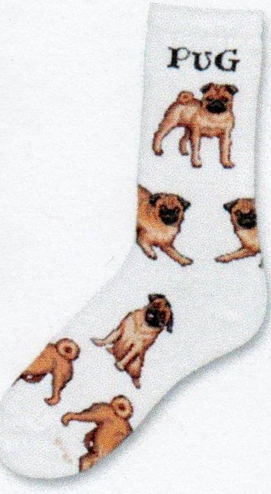 The Pug Poses 2 Sock from FBF starts on Bright White background with a Bold Font saying PUG. Then comes different poses of the Pug from the top to the toes