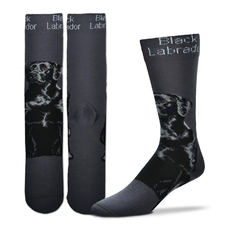 For Bare Feet makes the Realistic Black Labrador Sock on a Charcoal background. In the middle of the Cuff in Light Grey reads Black Labrador. The sleek finished Black Lab sits on Top your Foot and moves up your Leg. He is Shadowed with Charcoal and Highlighted with Light Grey.