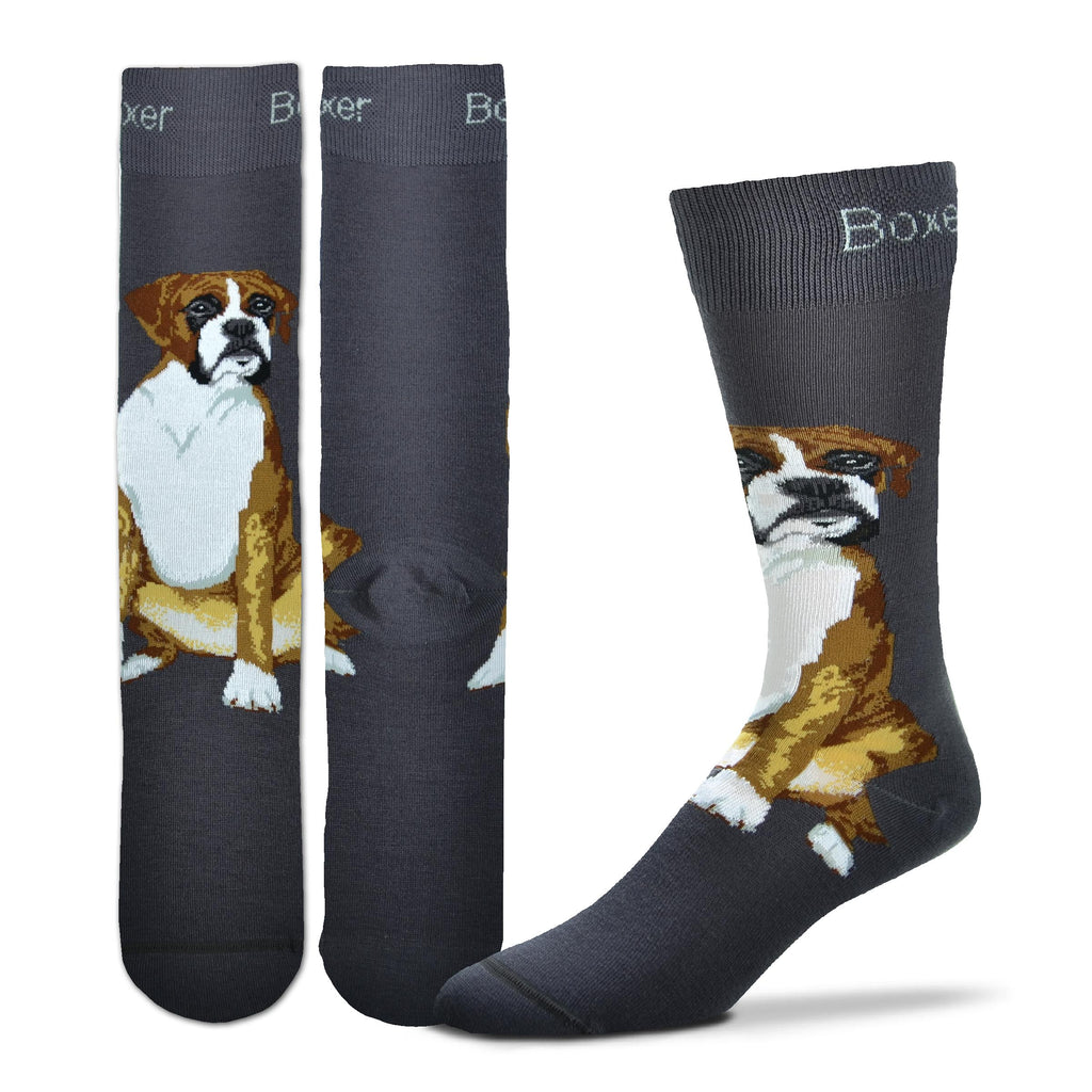 FBF Realistic Boxer Sock starts off on a Charcoal background. Boxer is on the Cuff in White Letters. The Boxer sits at the Top of the Foot and goes up the Ankle.  The Picture is a full size Boxer with White Chest. The colors are Russet, Seal Brown, Grey and Buff. The Boxer has Black Eyes and Nose.