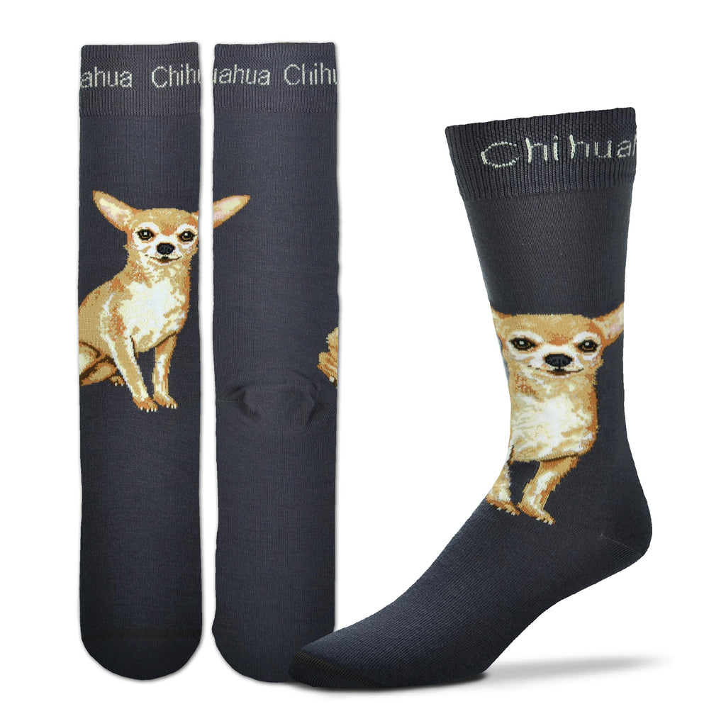 On the base of a Charcoal Sock FBF makes Realistic Chihuahua. He sits at the Top of the Foot in colors of White, Flax, Buff, Russet, Rust, Seal Brown and Black. With a hint of light Pink in the Ears. The word Chihuahua is on the Cuff in White letters.