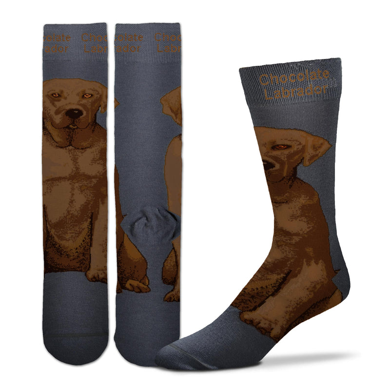 FBF Realistic Chocolate Labrador Sock starts on a Charcoal Sock. The Chocolate Labrador sits on the Foot of the Sock going up the Leg. Chocolate Labrador is written in the Cuff. 