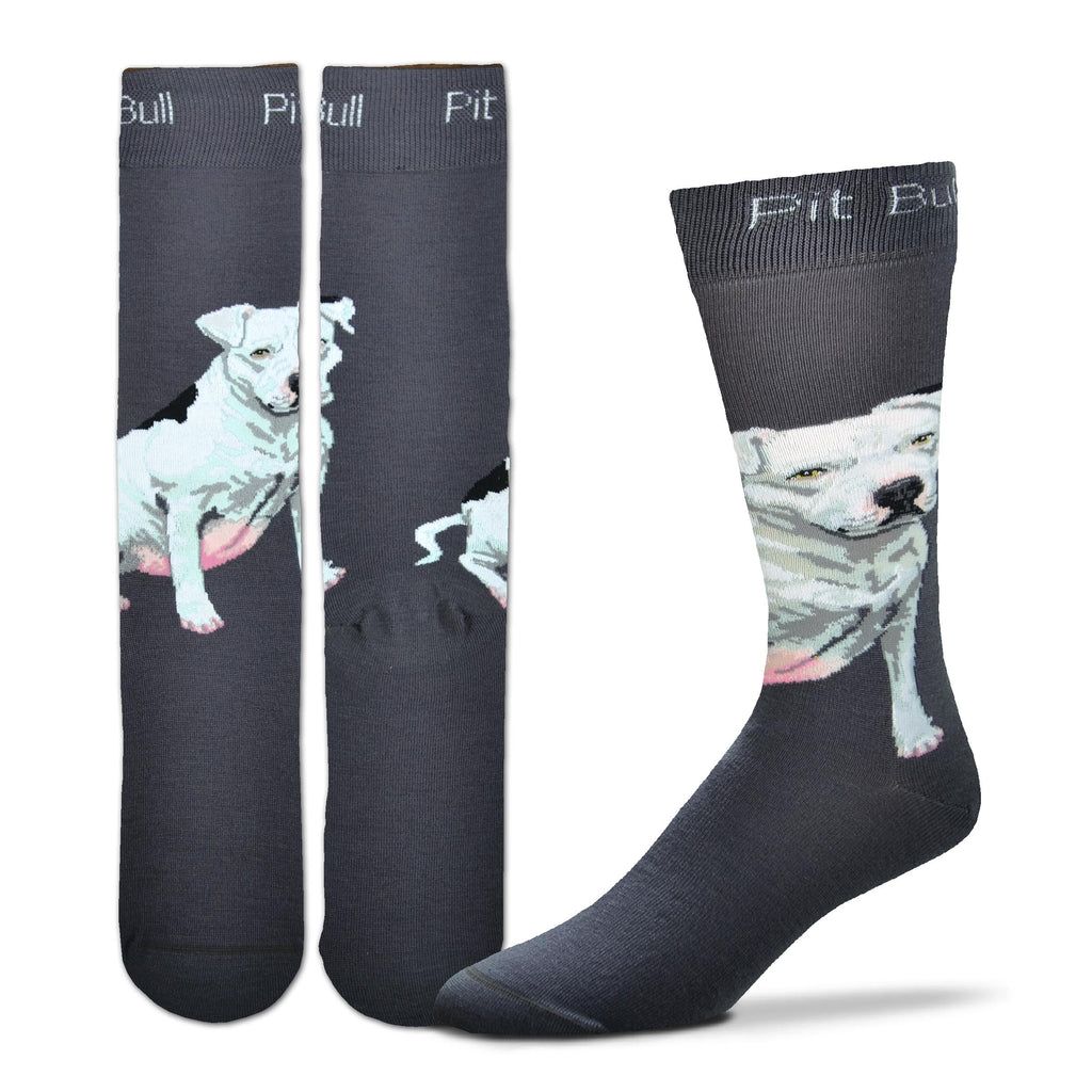 For Bare Feet Realistic Pit Bull Sock begins on a Charcoal background. Pit Bull is written on Cuff. The Pit Bull is above the foot in White, Light and Medium Greys, Black and Pinks. He is ready to walk with you.