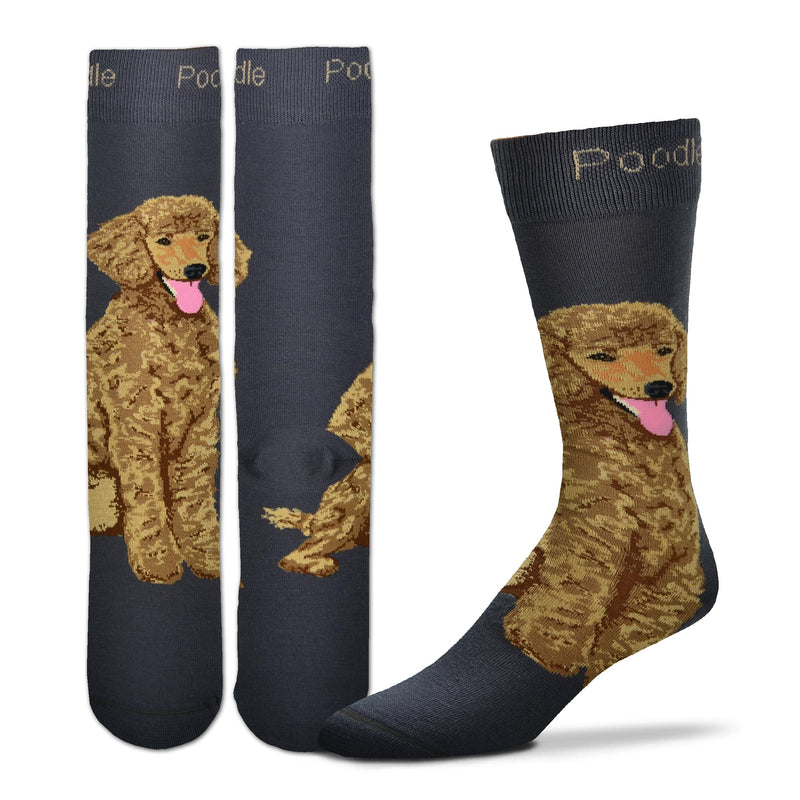 For Bare Feet Realistic Poodle Sock begins on a Charcoal background. The Poodle is a Brown to Apricot color starting at the top of the foot. Poodle is written on the Cuff.
