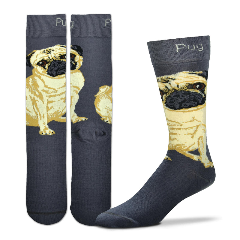 For Bare Feet Realistic Pug Sock starts out with Pug in Flax written in between the 2 Inch Cuff. The Pug is Posed on a background of Charcoal. The Pug is made with Colors of Flax, Buff and Seal Brown, Black and White for Eyes, Black and Charcoal for his Ears and Muzzle.