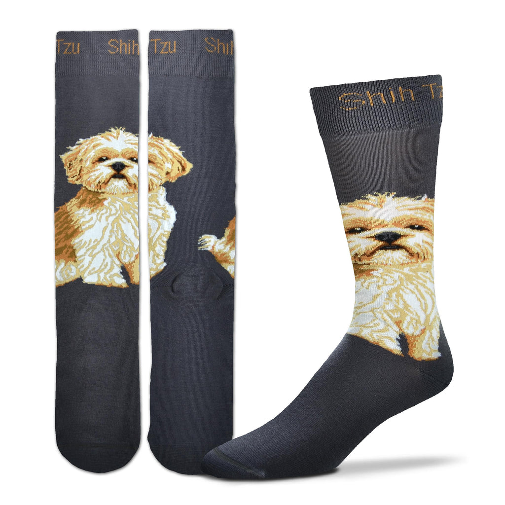 For Bare Feet Realistic Shih Tzu Sock begins on a Charcoal background. It has Buff Colored writing that reads, "Shih Tzu". The Shih Tzu starts at the top of the foot in White, Buff, Rust, Seal Brown and Black.