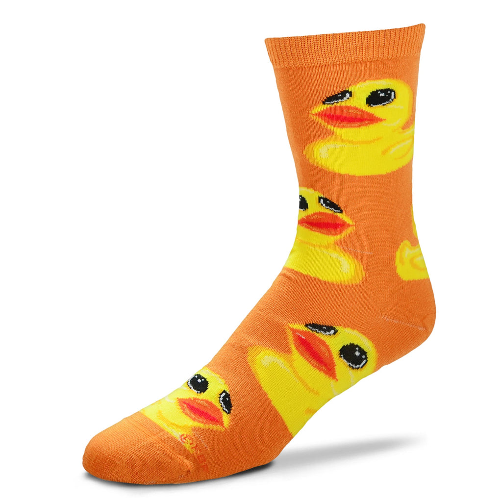 For Bare Feet Rubber Duck Jumbo Eyes Sock starts on an Orange background. The Rubber Ducks are Yellow with Big Black Eyes. 