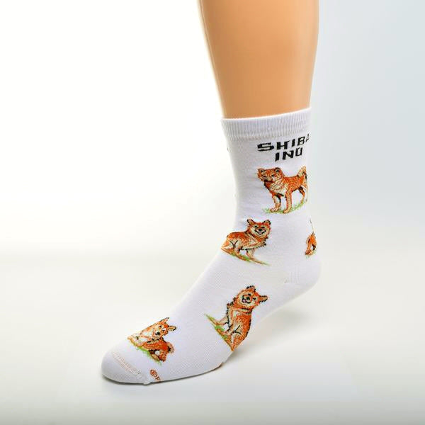 FBF Shiba Inu Poses Sock has three poses of this dog from Cuff to Toe. On a Bright White background the Brown and Cream with Black Shiba Inu is also on Green Grass.