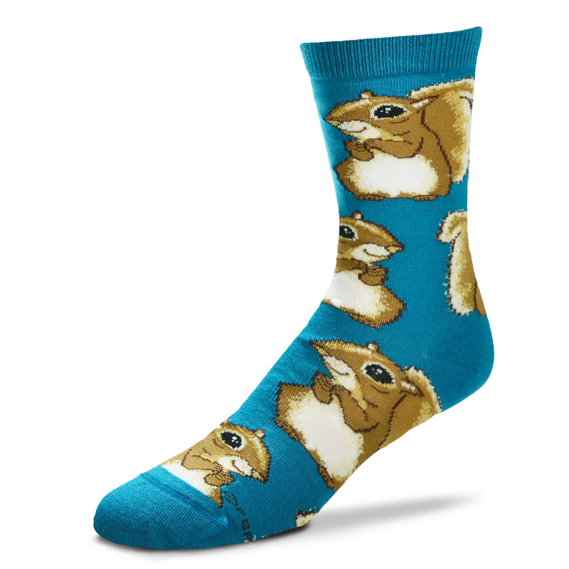 For Bare Feet Squirrel Jumbo Eyes Sock starts on a Teal background. The Squirrels' Jumbo Eyes are Black with White showing sparkle in them. This is a happy Squirrel and his fur is colored in Raw Umber, Fawn White and Taupe.