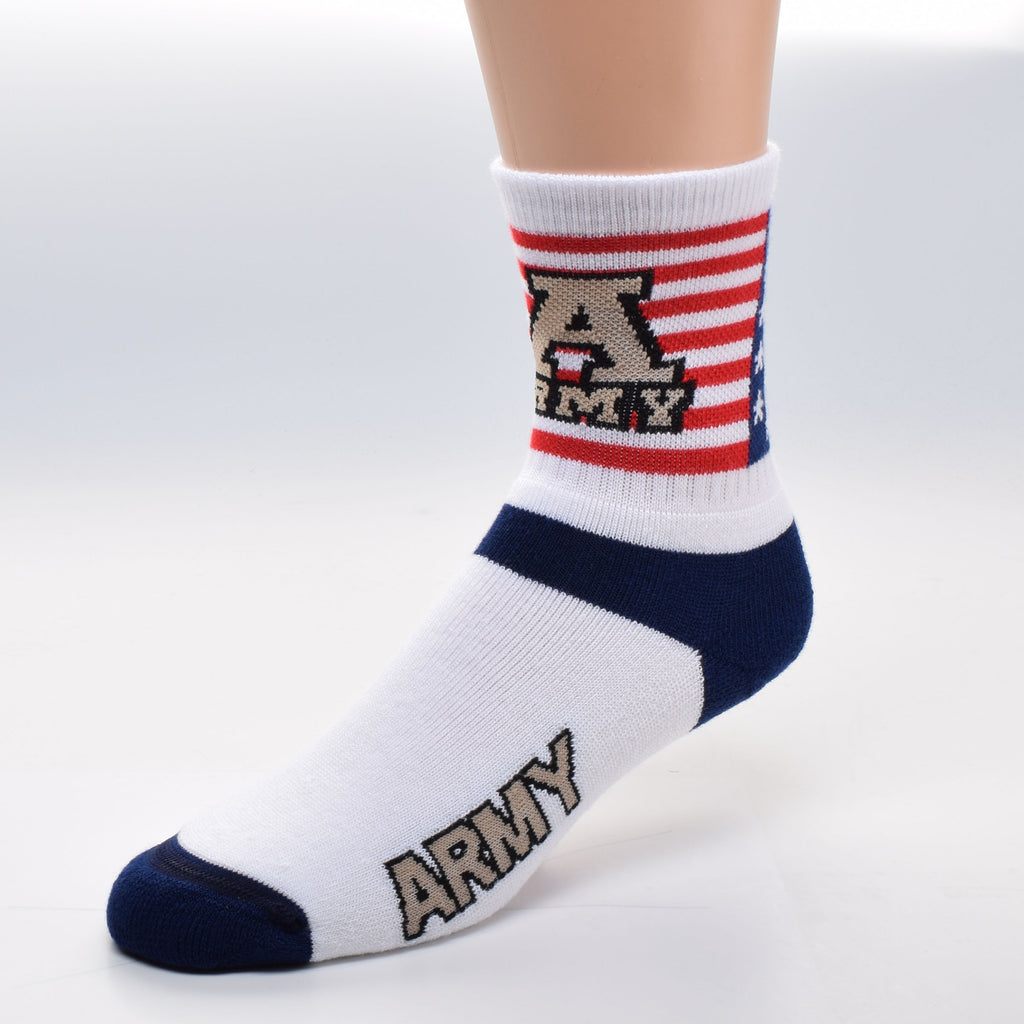 For Bare Feet proudly places the American Flag on the Cuff of this Sock. 13 Red and White Stripes and a Blue Canton holds the 50 five White pointed Stars. There is a Large A in Bold Tan with the word ARMY below it and both are encased in Black. Below the Cuff is White with Navy Blue for the Heel and crossing the top of your foot. The Sock is White with Army again on both sides in Large Tan and Black with the Toes in Navy Blue.