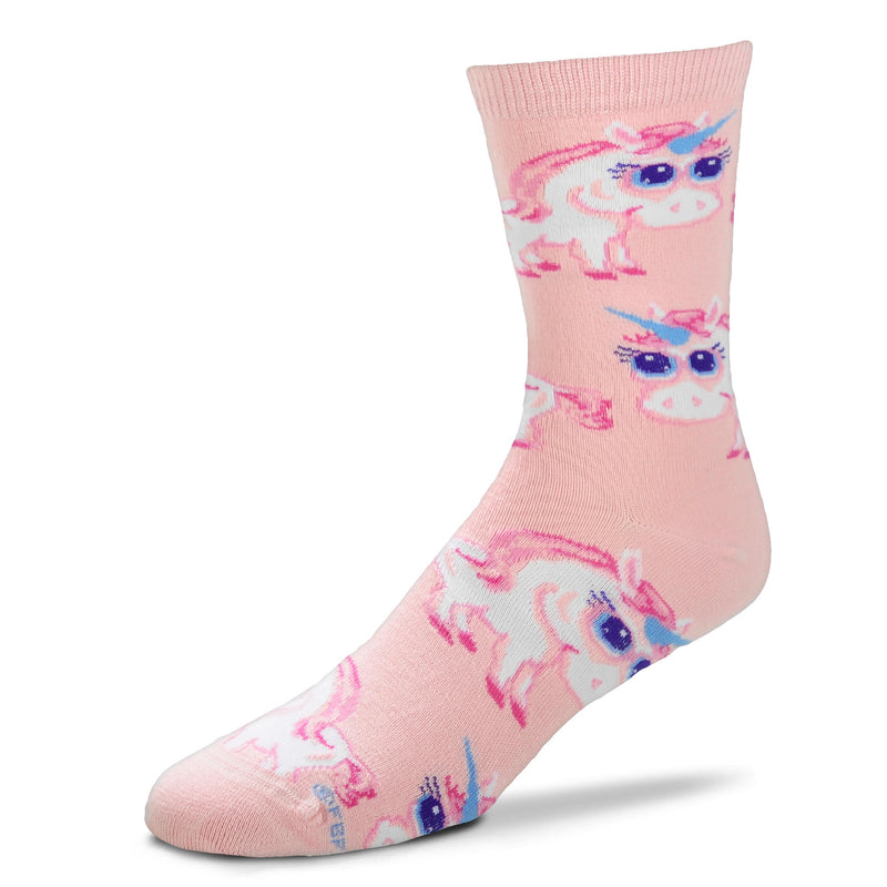 For Bare Feet Unicorn Jumbo Eyes Sock starts with a Light Pink background. The Unicorn is White with Brink Pink and Bubble Gum Pink making the Mane, Hooves and outlines. The Iris and Horn are Turquoise.