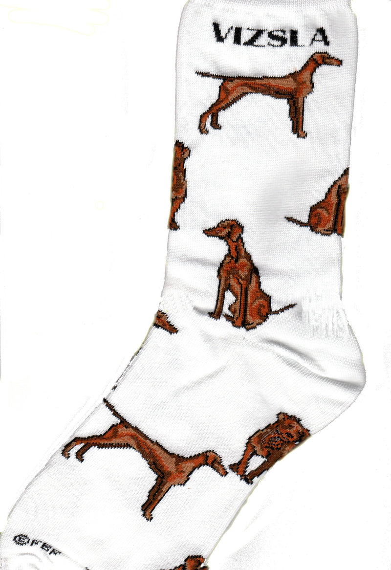 For Bare Feet designed Vizsla Poses with wonderful detail. On a White background under the Cuff on both sides reads, "Vizsla". Then you see a Vizsla in Golden Rust color in a perfect Show Stance on one side and the other of the Vizsla Sitting. The Third Pose is of the Vizsla trotting towards you. 