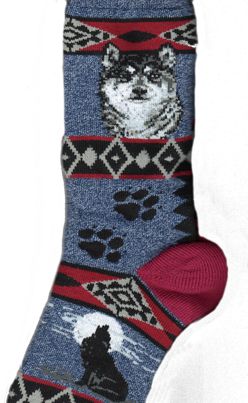 FBF Wolf Blanket Socks are Blue Marbled with Maroon Heels, Toes and Stripes. The Wolf is Black, Greys and White.