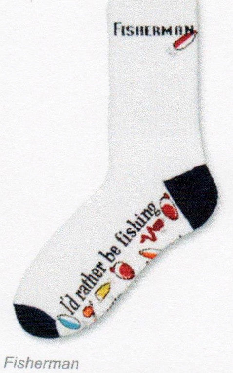 FBF Fisherman Sock starts on a Bright White background at the Top it says, "Fisherman" with a Lure attached. The Heels and Toes are Navy. In the middle in Navy reads, "I'd Rather Be Fishing". Under this are Brightly Colored Lures, Bobbers and Bait.