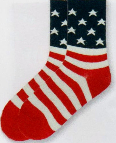 K Bell Womens Flag Sock starts with a Blue Cuff and Ankle with White Stars. Then the Stripes start with White on Top. The Heels and Toes are Red. The Toes end the Flag in Red.