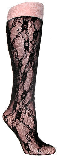 Foot Traffic Floral Lace Knee High Trouser Sock begins with White Lace on top with a Flower. The Black Lace continues with vines going down to the Toes. 