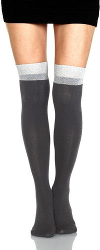 Foot Traffic OTK Silver Lurex Cuff Sock is a Black comfortable cotton weave with Silver Lurex on Top for a Fun Luxury OTK!