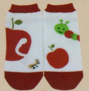 Shinzi Apple with Worm Sock is a Mismatched No Show Sock showing a Red Apple and a Cute Green Worm that likes to nibble.