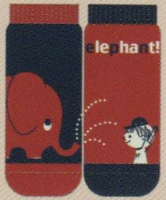 Shinzi Katoh designed this Sock at a Mismatch No Show Style with Fun in mind. At the Zoo a boy gets sprayed water by the Elephant. The Socks are Navy and Red. The word Elephant is in Cream and Navy.
