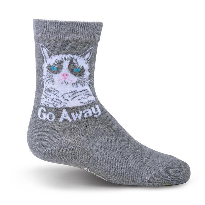 Grumpy Cat Childrens Sock Grey background with Grumpy Cat in White. Eyes Blue Nose and Mouth Pink Meme says "Go Away!"