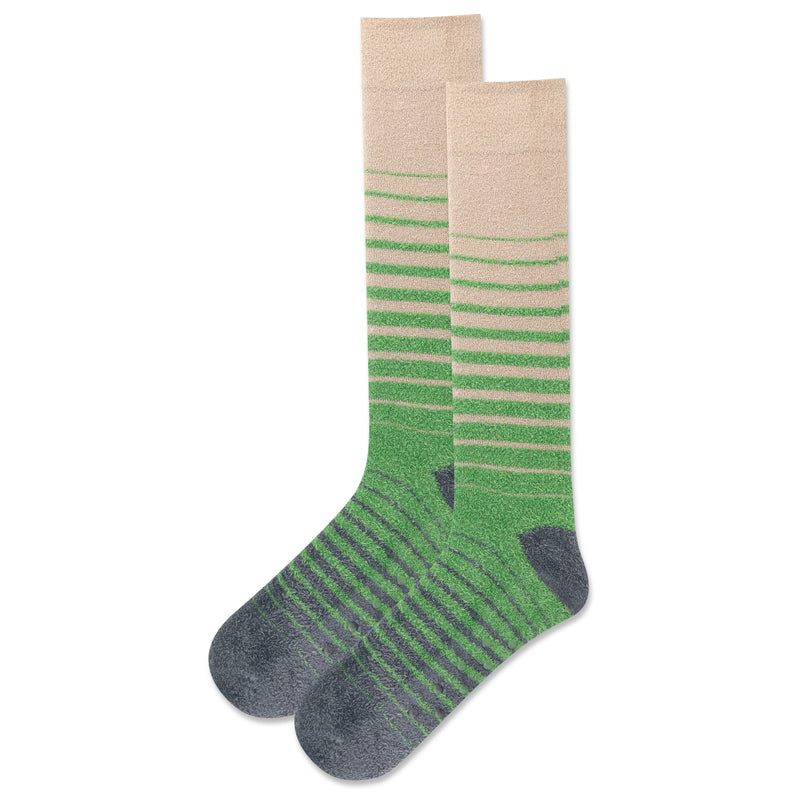 Hot Sox Mens Stripe Non-Skid Slipper Sock is Tan, Charcoal, and Asparagus Green Striped Non-Skid Socks. The Rubber Dots are Clear on the Bottom.
